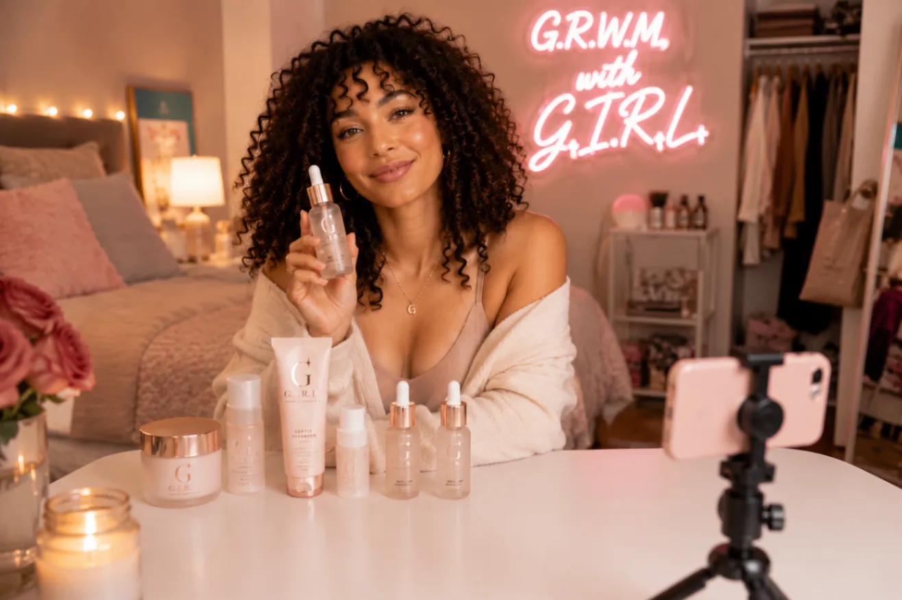 G.I.R.L. creator filming a get-ready-with-me skincare routine with products