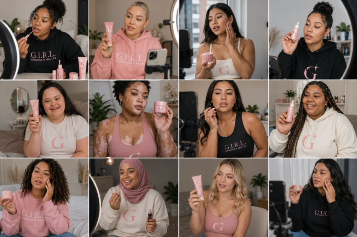 G.I.R.L. community UGC collage featuring real customers of diverse body types and skin tones using clean beauty products