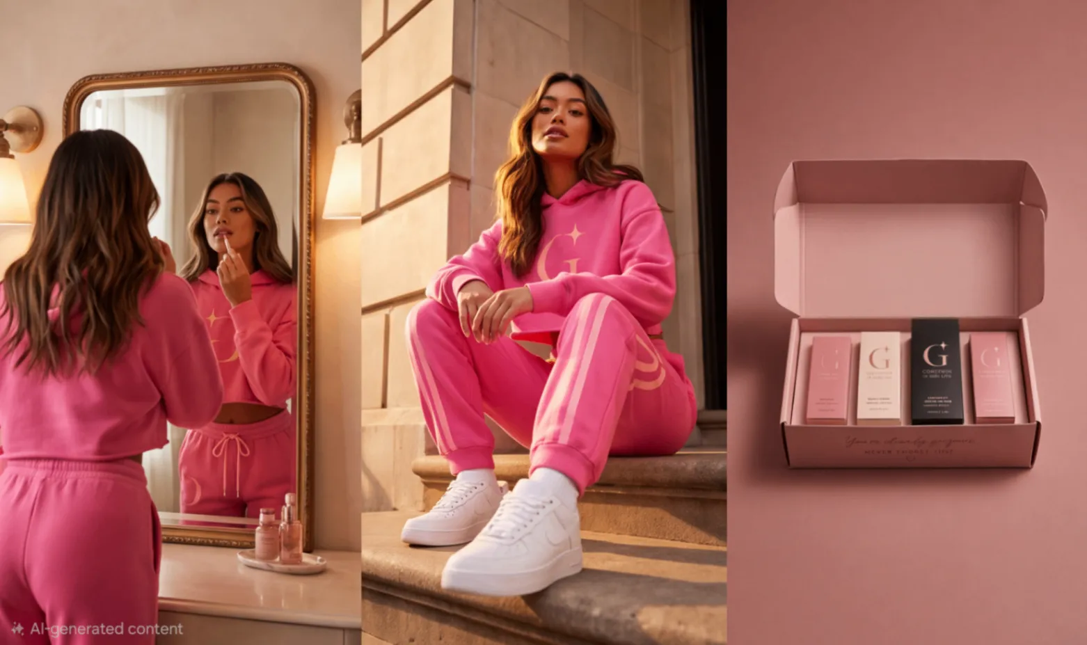 G.I.R.L. editorial lifestyle collage with a mirror selfie, pink street style, and an unboxing set